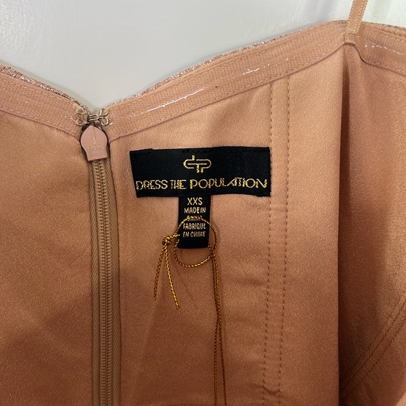 DRESS THE POPULATION NWT VIVIENNE METALLIC  ROSE GOLD STRAPLESS A LINE  SZ XXS - Picture 5 of 7